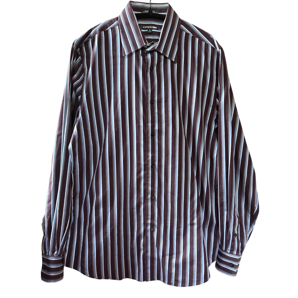 Express MX Mod Fit Mens Medium Purple Blue Striped Stretch Cotton Button Down